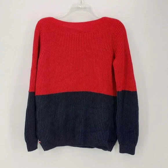 TOMMY HILF. Cate Boat Neck Red Navy Color Block Cable Knit Sweater S - Picture 10 of 10